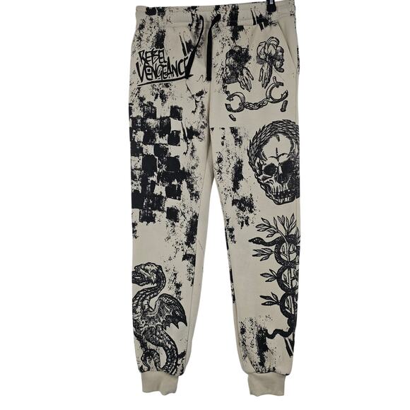 Y2K Rebel Vengeance Skull Graffiti Graphic Jogger Sweatpants Goth Size XL 3735 - Picture 1 of 8